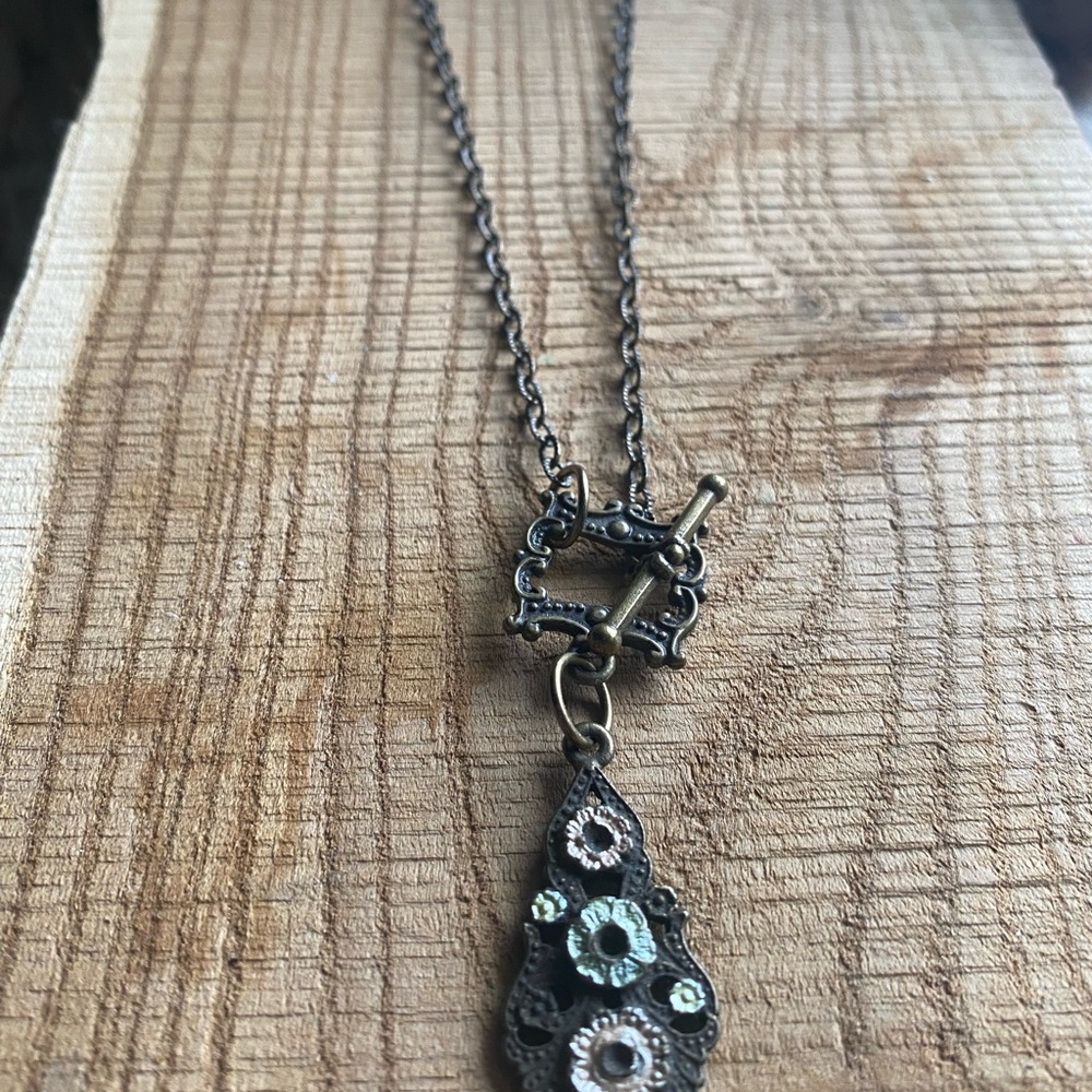 Black and Gold Vintage Assemblage Teardrop Necklace with Circular Accents - Picture 4 of 5